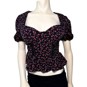 Milk & Honey Peplum Top Women M Black Excellent Cherry Print Puff Sleeve 31365T